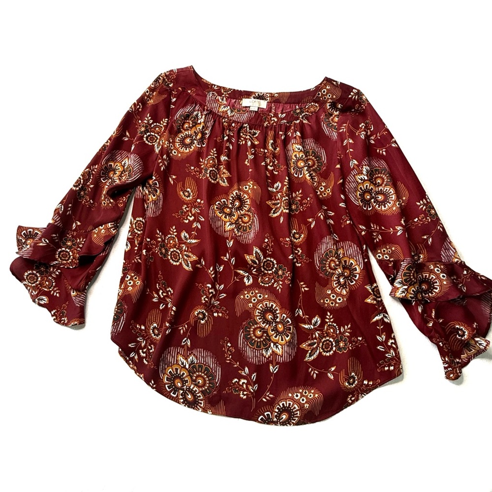 LOFT Outlet Floral Peasant Blouse Burgundy Bell Sleeve Boho Top MP